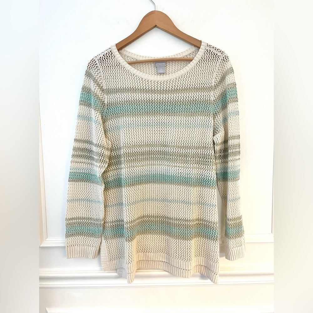 Chico's Women Blue‎ Brown Striped Open Weave Long Sleeve Tunic Sweater Size 2